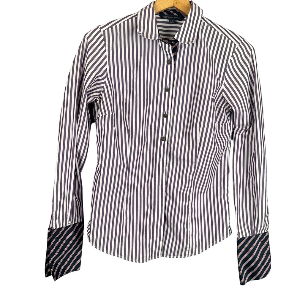 Brooks Brothers 346 Womens Purple White Striped Button Down Shirt Size 4 Cotton